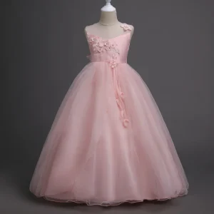 Kids Girls Lace Flower Ball Gown Long Dress for Wedding Prom Party