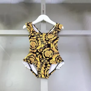 Kids Girls One Piece Swimsuit Baroque Gold Flower Print Ruffled Bathing Suit