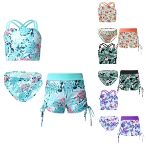 Kids Girls Printed Swimwear Set Tank Top With Shorts and Briefs Swimsuit for Beach Pool Swimming Bathing Water Park Surfing 6-16