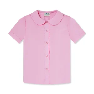 Kids Girls School Blouse Short Sleeve Round Neck Button Blouse Pink Shirt