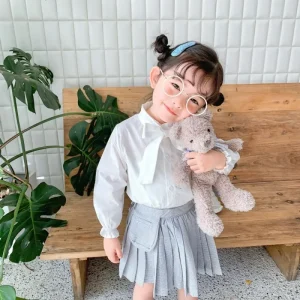 Kids Girls Spring Casual Blouse With Bowknot Pure Color Long Sleeve Shirt