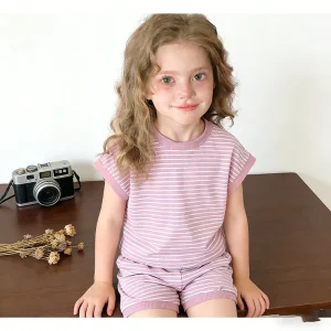 Kids Girls Spring Summer 2-Piece Set Striped Short Sleeve T-Shirt Shorts Casual Sporty Streetwear Breathable Soft Clothing