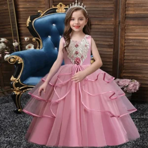 Kids Girls Summer Lace Print Beautiful Formal Birthday Wedding Princess Fashion Show European Dresses with Decorations