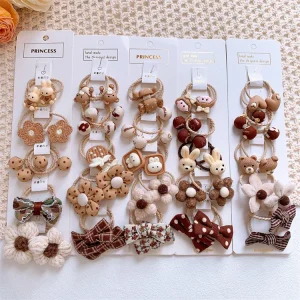 Kids Hair Accessories Cute Design Bear Flower Elastic Rope Milk Tea Color Hair Ties Beautiful Hair Rubber Band