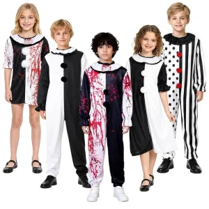 Kids Halloween Clown Costume Horror Bloody Black White Jumpsuit Dress for Boys Girls Carnival Cosplay Party Fancy Wear