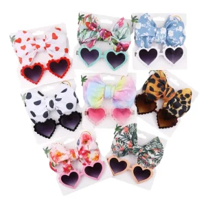 Kids Heart Shape Fashion Sunglasses With Hair Bow Headbands Set Baby Sunglasses Nylon Headband for Girl Gift
