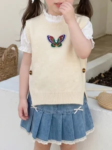 Kids Knit Vest with Butterfly Motif Girls Sleeveless Pullover Sweater Solid Color Slipover Top for Children