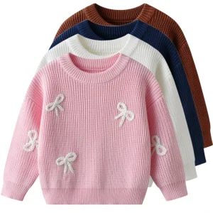 Kids Knitted Sweaters Embroidered Bows Sweat Girls Knitwear Sweater Kids Clothing Factory