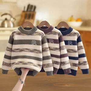 Kids Korean-Style Fleece Sweater Young Children Fall/Winter Thickened Striped Softened Knit Neck Boys