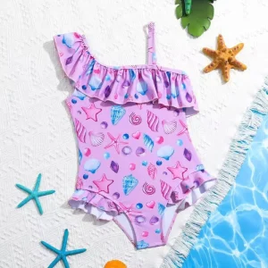 Kids One Piece Swimsuit Beach & Pool Swimwear for Little Girls One Shoulder Ruffled Trim Customizable Size Pattern
