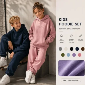 Kids Oversized Long Sleeve Hoodie Tracksuit Two Piece Unisex Boys Girls Embroidered Fleece Sweatshirt Jogger Pants Garment Dyed