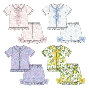 Kids Pajama Set Two Pieces Short Sleeve Girls Sleepwears Knitted Cotton Custom Girls Clothing Sets