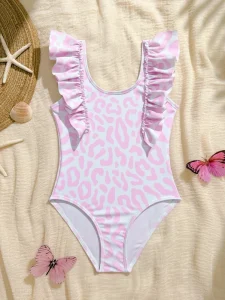 Kids Pink Leopard Print Swimsuit Ruffle One Piece Toddler Girls Swimwear