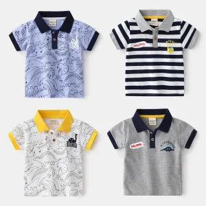 Kids Polo Shirt Boys Short Sleeve T-shirt Dinosaur Print Casual Summer Top Toddler Korean Style Cotton Tee