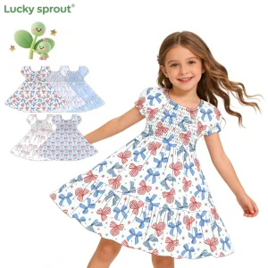 Kids Puff Sleeve Girls Dresses Custom Print Dress for Children Girls Summer Dresses