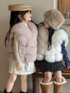 Kids Real Fox Fur Vest Girls Winter Thick Warm Natural Fox Fur Gilet Children Fluffy Genuine Fur Waistcoat Sleeveless Jacket