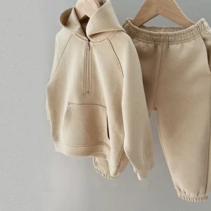 Kids Set Toddler Autumn Winter Cotton Fleece Two-Piece Jogging Pants & Hoodie Sweatshirt for Boys & Girls with Zipper
