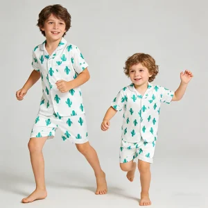 Kids Sleepwear Set Summer Breathable Bamboo Pajamas Cartoon Print Children Night Suit Boys Cotton Cactus Print Lounge Sets