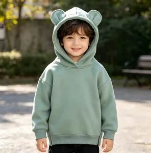 Kids Solid Color Cute Bear Ears Fleece Hoodie Soft Cozy Long Sleeve Pullover Top Boys Autumn Winter Sweatshirt Daily Outfit Gift