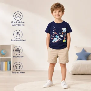 Kids Space T Shirt Boys Cotton Short Sleeve Rocket Planet Graphic Tee Luminous Summer Top