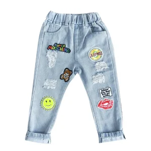 Kids Spring Autumn Casual Eco Friendly Cartoon Ripped Jeans for 2 6Y Boys Denim Pants