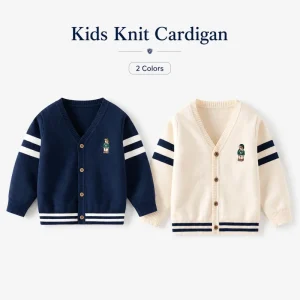 Kids Spring Autumn V Neck Knit Cardigan 68% Cotton Blend Embroidered School Style Striped Casual Sweater Coat for Boys Girls