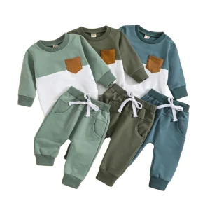 Kids Suit Autumn Winter Color Matching Round Neck Long Sleeve Sweater Pants 2 Pieces Boys Clothing Set