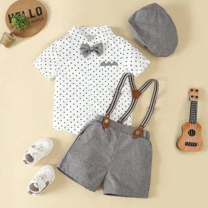 Kids Summer Outfit Boy Suspender Shorts Suit Bow Tie Printed Shirt Gentleman Toddler Clothes Boy Clothing Set Baby Boys Clothes