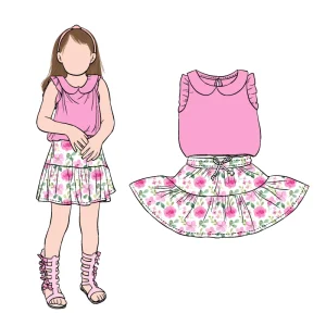Kids Summer Ruffled Sleeveless Girl Dress Set Solid Top With Floral Skirt