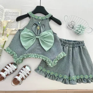 Kids Summer Two Piece Skirt Set Girls Clothes Girl Cartoon Flower Rainbow Denim Top and Skirt Clothing Sets