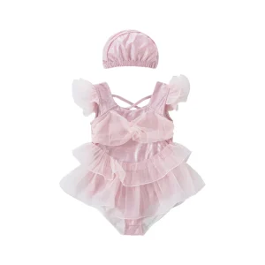 Kids Swimsuit With Swim Cap Girl Ruffle Fly Sleeve Princess Bathing Suit Toddler Summer Beach Swimming