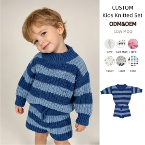 Kids Toddler Knitted Sweater Set with Wider Stripe 100% Cotton Knitwear Sets for Boys and Girls