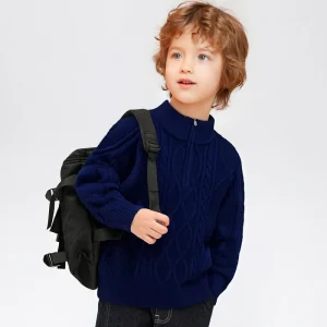 Kids Turtleneck Zipper Cable Knit Sweater Navy Blue Long Sleeve Pullover Autumn Breathable for Boys