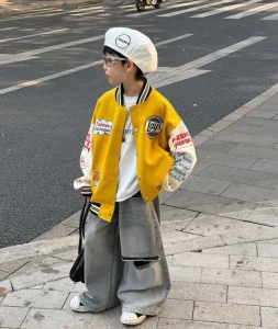 Kids Varsity Baseball Jacket Fashion Breathable Single Breasted Casual Outerwear for Boys Girls Spring Autumn