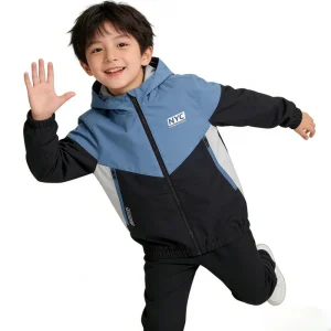 Kids Varsity Hooded Windbreaker Jacket Black Blue Color Block Waterproof Breathable Windproof Thin Zipper Comfortable Boys