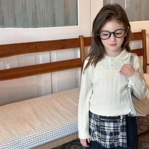 Kids Warm Small Lapel Knit Top for Girls Cable Knit Sweater Autumn Winter Wear