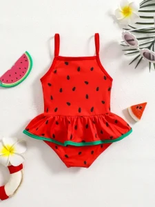 Kids Watermelon Print One Piece Swimsuit with Skirted Ruffle Sleeveless Swimwear for Toddler & Little Girls
