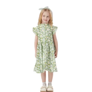 Kids Wear Girls Clothes Fashion Pure Cotton Stand Collar Flying Sleeve Floral Girl Dresses for Girls