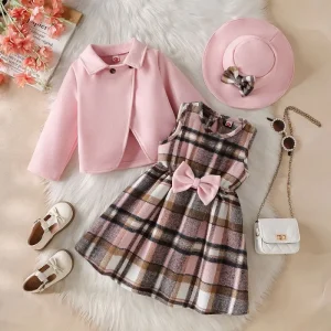 Kids Wear Manufacturers Spring Autumn Daily Girls Set Tweed Coat Plaid Sleeveless Dress Hat 3pcs Fashion Children Clothing