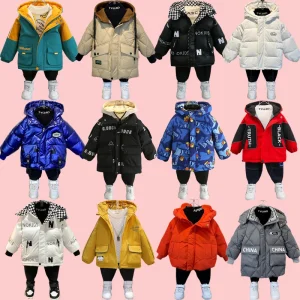 Kids Winter Parka Jackets for Boys Hooded Students Fleece Padded Long Coats Warm Outfits for Children 3-13 Years Zipper Closure