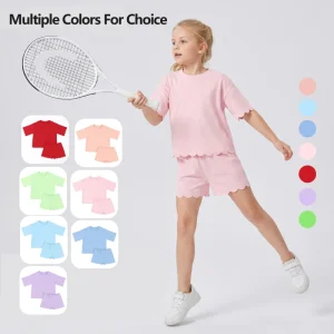 Knit Solid Casual Baggy Tshirts Scallop Cozy Breathable Shorts Summer Cotton Girls Clothing Sets