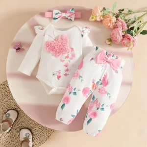 Knitted Baby Girl 0 1 Year Old Set Three Dimensional Embroidery Towel Long Sleeve Baby Rompers Bow Flower Trousers 3pcs Knitted