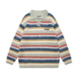 Knitted Pullover Casual Loose Lapel Sweater Toddler Boys Sweaters Mens Sports Sweaters Color Blocking Striped 1 Piece Standard