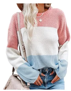 Knitted Women’s Sweater Color Contrast Lantern Sleeve Pullover O-Neck Casual Sweater