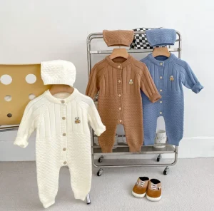 Korean Autumn Fashion Toddler Bear Knitted Jumpsuits With Bonnet for Baby Girl Boys Overalls
