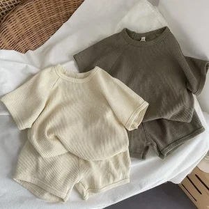 Korean Boys and Girls Short-sleeve Top Set Waffle Pattern Baby Home and Outdoor Wear Versatile 2-piece Set Trendy