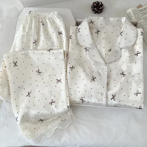 Korean Elegant Girls Sleepwear Summer Short Sleeved Polka Dot Bow Ice Silk Set Home Wear