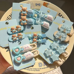 Korean Ins Style 2Pcs Set Blue Series Bear Heart Cute Hair Clips Accessories for Girls Kids Cartoon
