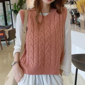 Korean Knitted Sweater Vest Ladies O Neck Pullover Tops School Girls Waistcoat Female Coat Pull Femme