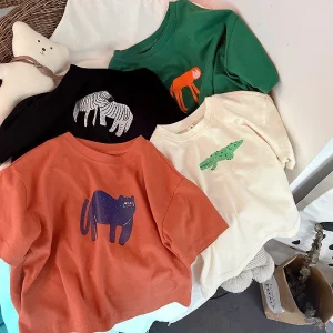 Korean Spring and Summer Kids Wear Children’s Baby Cute Loose Printed Cartoon T-shirt for Boys and Girls Short Sleeve Shoulder
